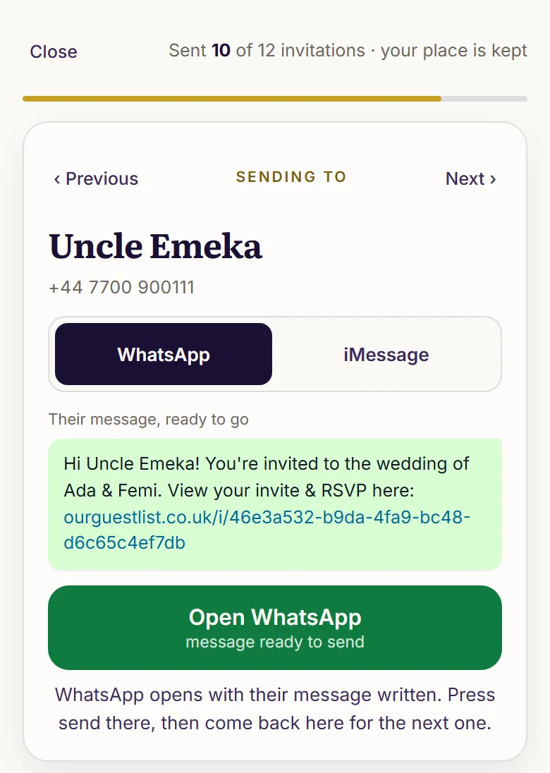 The send screen for Uncle Emeka: his message written and an Open WhatsApp button.